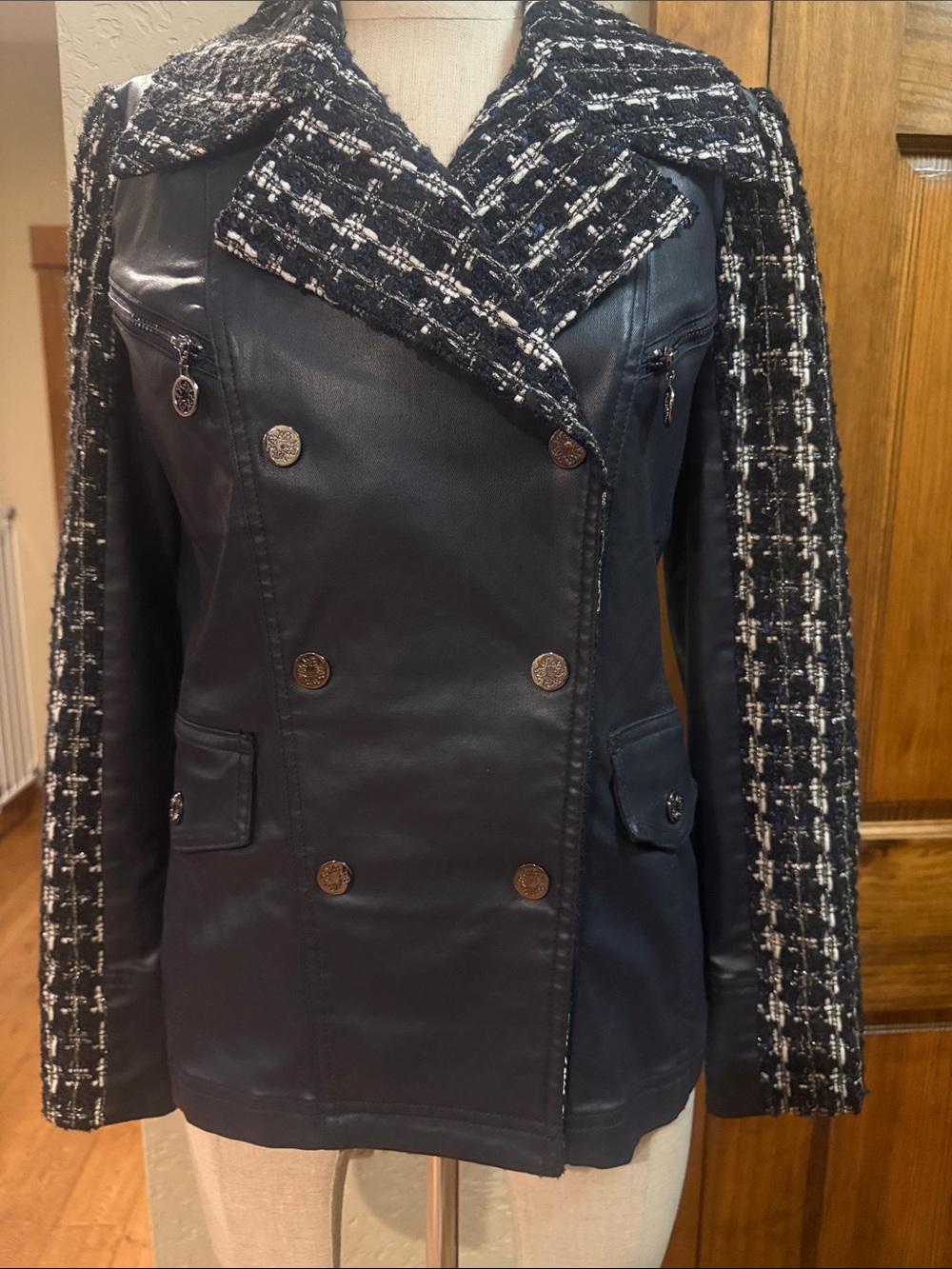 Navy blue Faux Leather Jacket with Tweed Trim White House Black Market sz 4